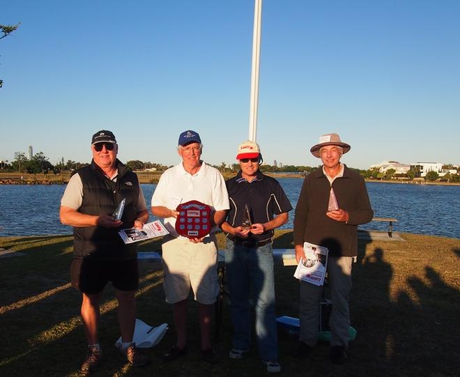 Jurgen Luther (2nd); Graham Brown (1st); Paul Derwent (3rd); Peter Burford (Sportsmanship Trophy). Remote Controlled Laser Yacht 2014 Australian Championship  © Cliff Bromiley